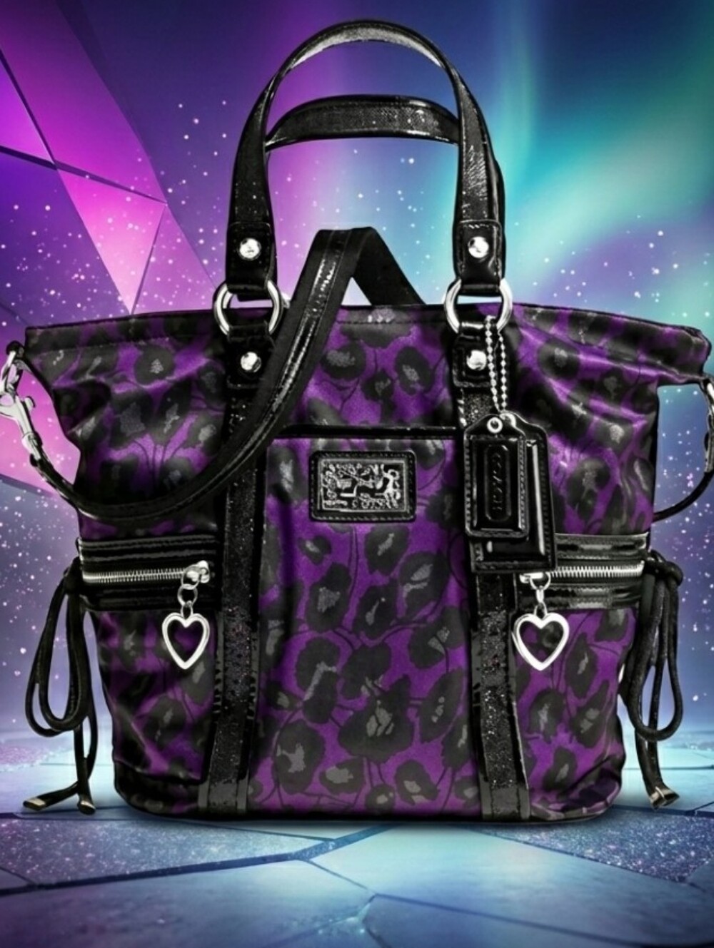 RARE COACH Poppy Purple Ocelot Daisy Glam Glitter Tote Bag F20071 Y2K Leopard